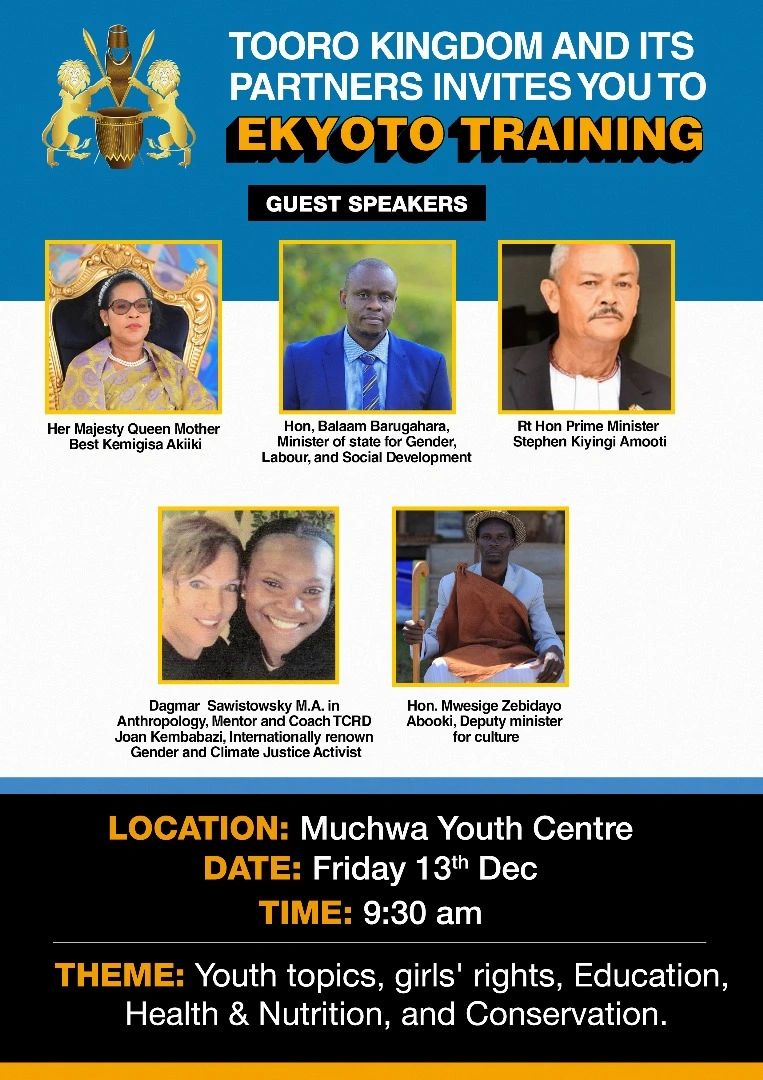 Dagmar Sawistowsky announced, that the Tooro Cultural Research & Development (TCRD) invite you to Ekyoto Training Friday, Dec. 13th 9:30 am at Muchwa Youth Centre Fort Port Uganday THE POWER OF NATURE, CULTURE AND ENVIRONMENT IN YOUTHFUL GENERATION GROWTH 